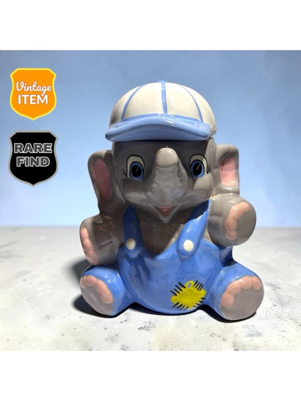 Vintage 1981 Ceramic Elephant in Blue Overalls 10.5” Cookie Jar. RARE!